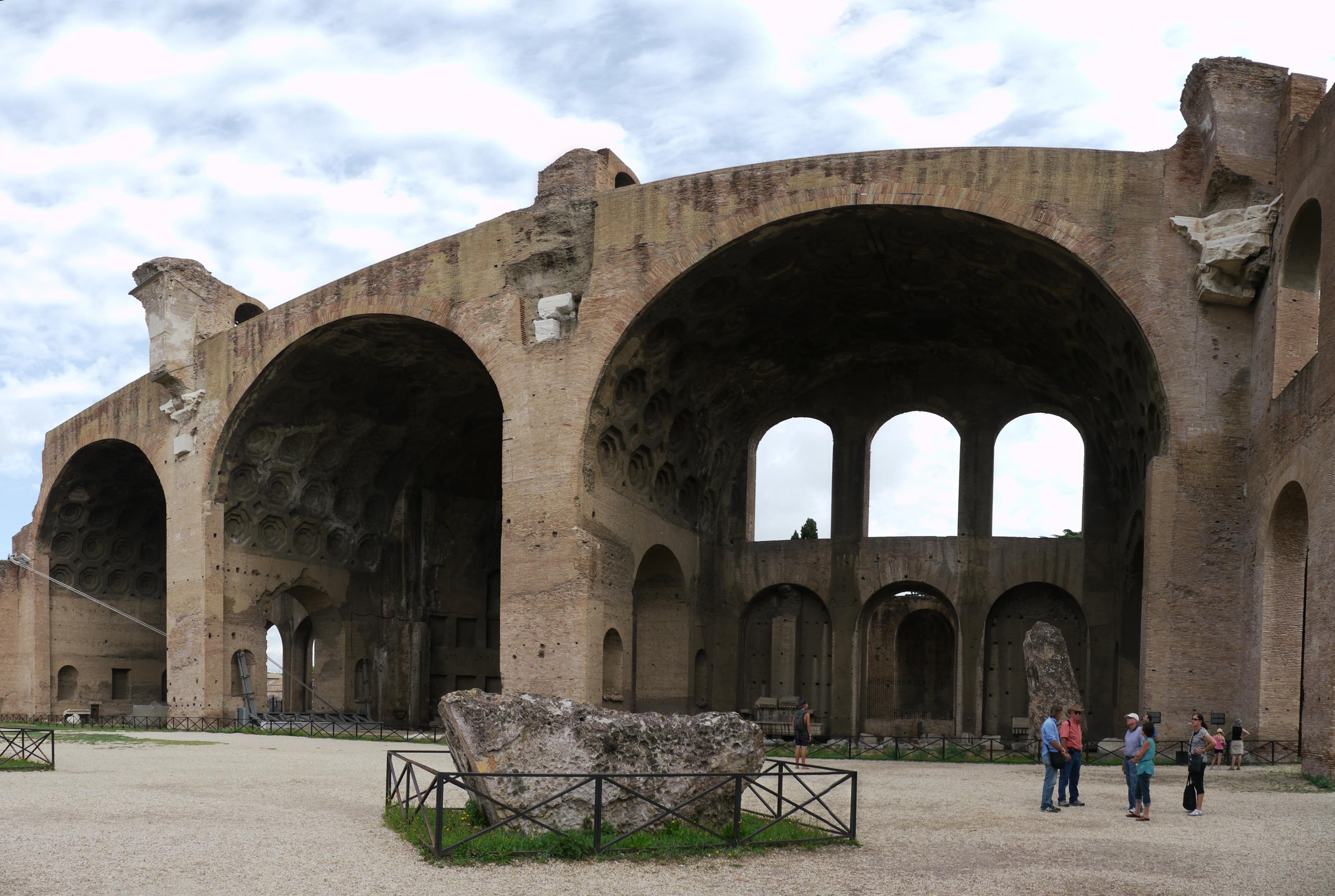 Remaining side aisle only, of the enormous Basilica of Maxentius and Constantine, completed in 312 AD.